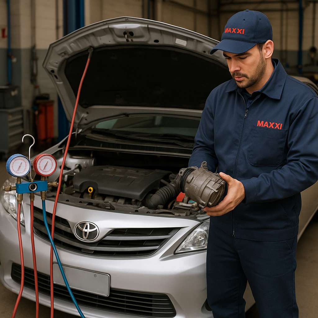 Técnico avaliando compressor de Corolla