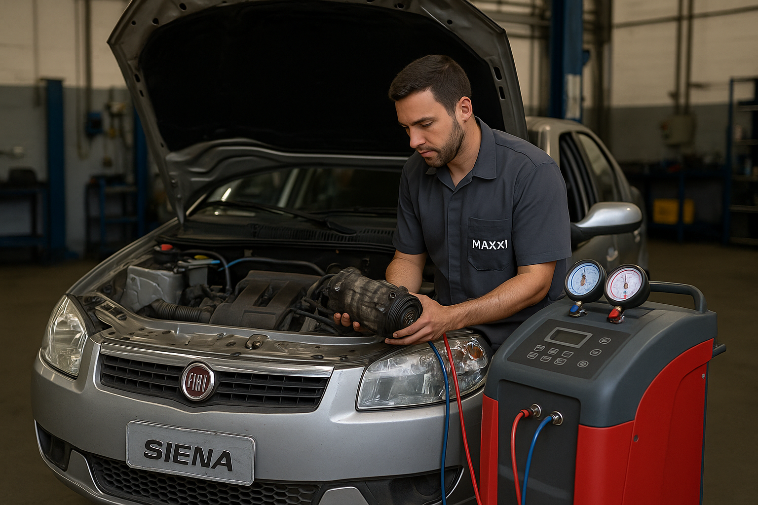 Técnico verificando compressor ruim em Siena