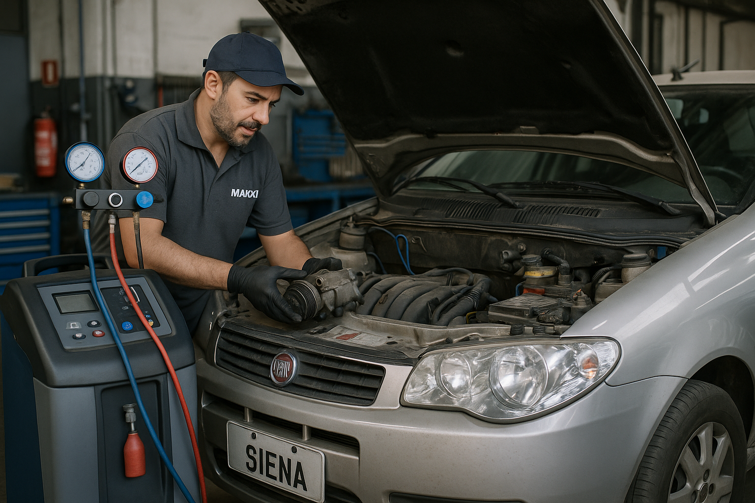 Técnico avaliando compressor de Siena