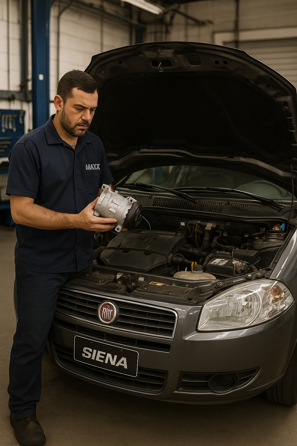 Técnico analisando compressor ruim do Siena