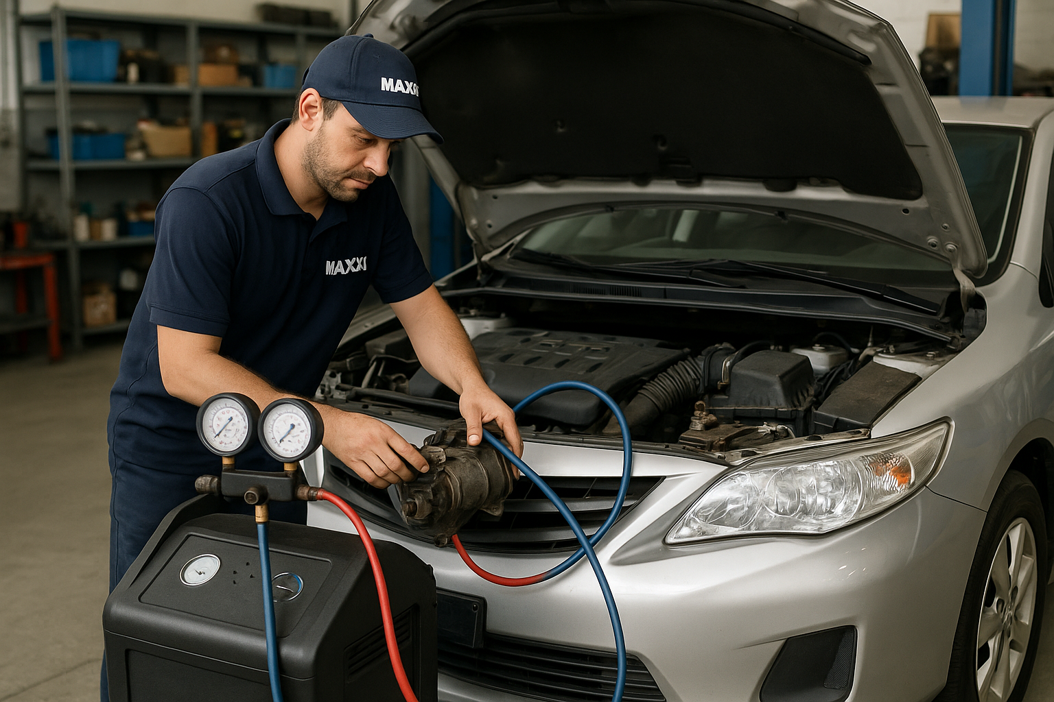 Técnico verificando compressor de Corolla