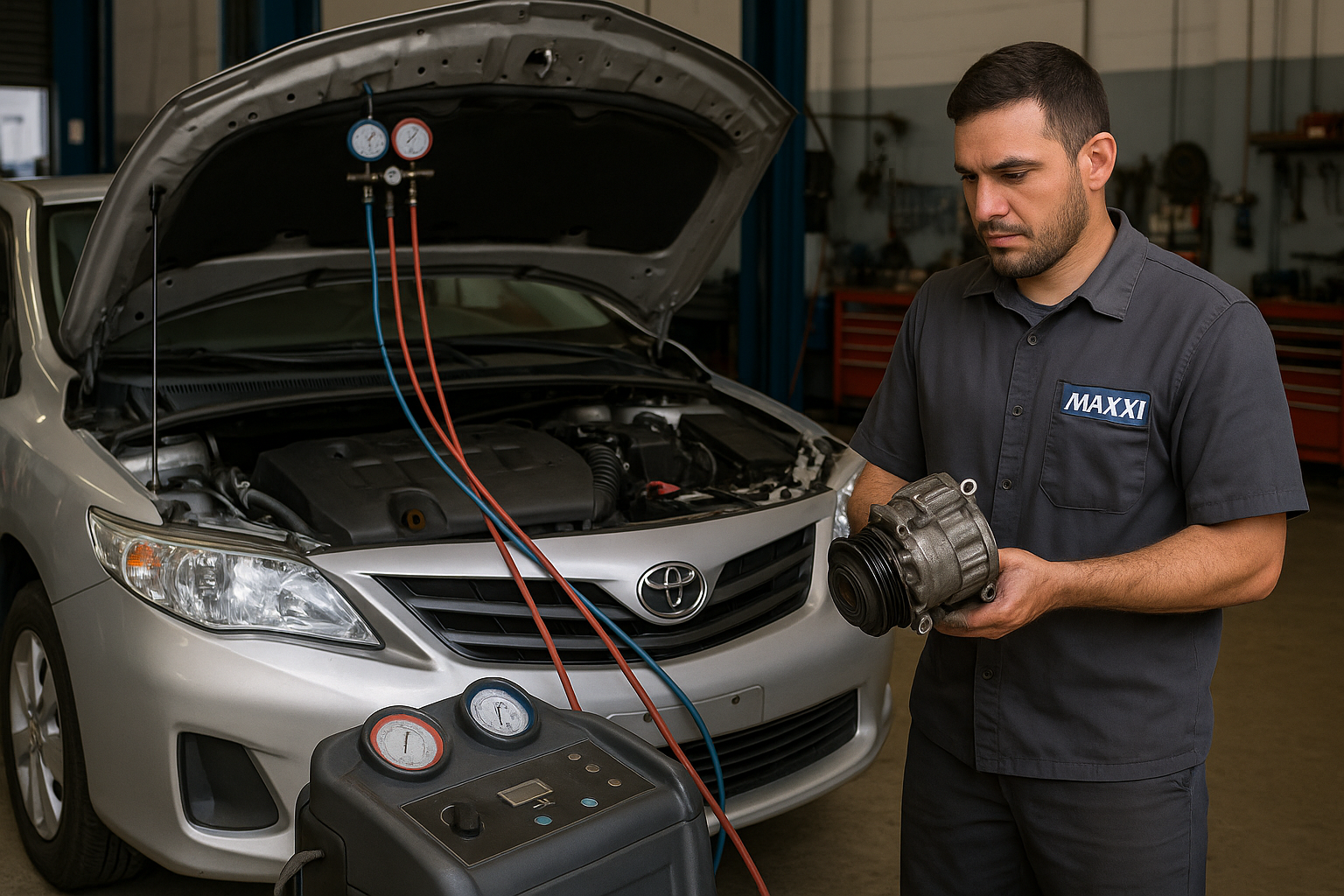 Teste de pressão em ar-condicionado de Corolla
