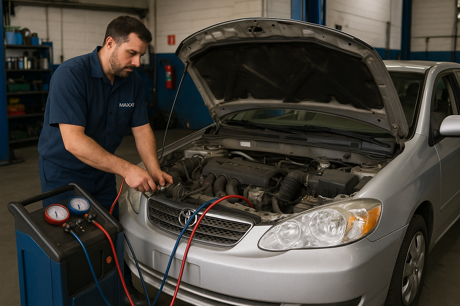 Técnico verificando compressor de Corolla