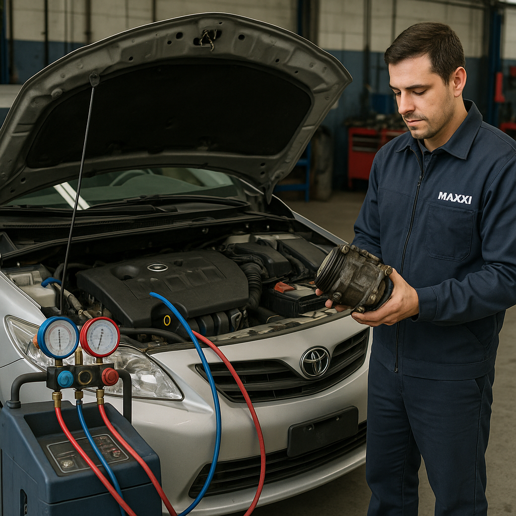 Técnico analisando compressor de ar-condicionado de Corolla